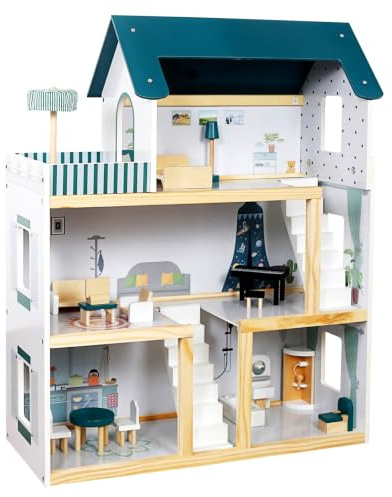 Großes Holz Puppenhaus XXL – Puppenvilla mit 17-teiligem Zubehör, 3 Etagen, Möbelset, Traumhaus für Puppen, Rollenspielzeug für Kinder, 62 x 26,5 x 77 cm
