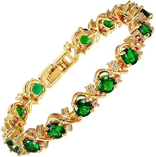 RIVA Blume Tennis Armband [18cm/7inch] mit Rundschliff Edelstein Zirkonia CZ [Grün Smaragd] in 18K Gelbgold Vergoldet, Einfache Moderne Eleganz