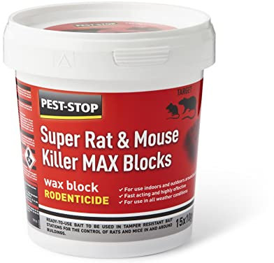 Pest-Stop Super Rat & Mouse Killer MAX Wax Blocks – Fast-Acting, Chocolate Scent, Durable Freshness, Single-Feed Rodent Control for Indoor & Outdoor Use, 150g, Red/white