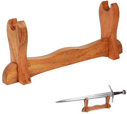 Mythrojan Medieval Sword Stand Solid Wood Horizontal Display Rack for Katana, Samurai, Gladiator, Crusader Swords Elegant Tabletop Holder, 1-Tier