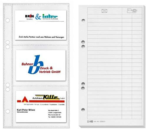 Veloflex 5352000 Visitenkartenhüllen, 110x210mm, für 6 Karten pro Hülle, transparent, 10 Stück & 5358000 Karton-Ersatzeinlagen für Telefonringbücher schmal, 113x210 mm, 25 Blatt, weiß