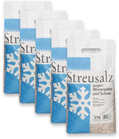 OPPENHÄUSER Streusalz 25kg: Sofort eisfrei & langanhaltend, Auftausalz gegen Glatteis, Winterstreu für sichere Gehwege, Einfahrten & Parkplätze, Kornklasse M, DIN EN 16811-1, Premium Qualität, 5x5kg