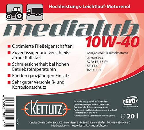 20 Liter Mineralisches Hochleistungs-Leichtlauf-Motorenöl KETTLITZ-Medialub 10W-40 Ganzjahresöl für Dieselmotoren