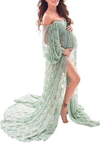 Saslax Lace Off Shoulder Doubly Split A-line Skirt Maternity Dress Soft Stretchy Pregnancy Prop Maxi Gown for Photoshoot Sage X-Large