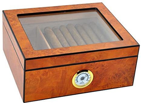 DUCIHBA Funda para humidor de escritorio con capacidad para 25 – 50 cigarros, pantalla superior de vidrio templado, caja de almacenamiento de madera de cedro español con divisor, humidificador e