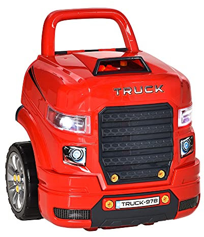 HOMCOM Officina Camion Giocattolo con Motore e 61 Accessori per Bambini 3-5 Anni, Ruote e Maniglia, 40x39x47cm, Rosso