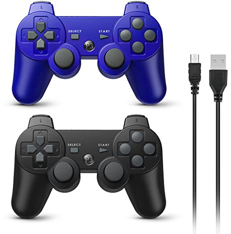 Powerextra Controller Wireless Compatibile con PS3, Controller da Gioco ad Alte Prestazioni da 2 Pezzi con Joystick Potenziato Double Shock per PlayStation 3 (Nero e Blu)