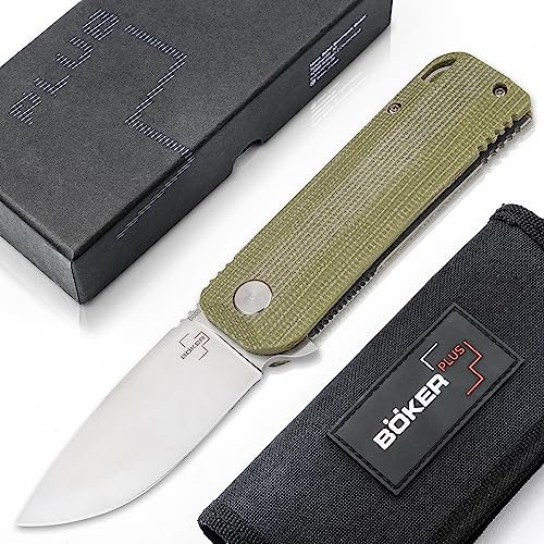 BÖKER PLUS® Baba Yaga - klappbares Bushcraft- & Jagd-Messer mit Micarta Griff grün - Utility Knife mit Clip - Outdoor Backup Messer mit Flipper - Linerlock Taschenmesser mit Droppoint Klinge M390