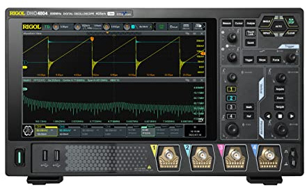 RIGOL DHO4804 Digitaloszilloskop, 4 analoge und 1 EXT-Kanal, 12 Bit, 800 MHz, 4 GSa/s, 1.500.000 wfms/s, 250 Mpts, 18 μVrms Low Noise Floor, 10,1'' Touch-Display, 3 Jahre Garantie.