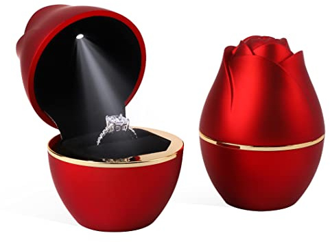 Rolin Roly Ring Box mit LED Licht Rose Rot Ring Schachtel Jewelry Geschenkbox für Ring Schmuckschatullen Vorschlagen Ringkasten Hochzeit Verlobungsring
