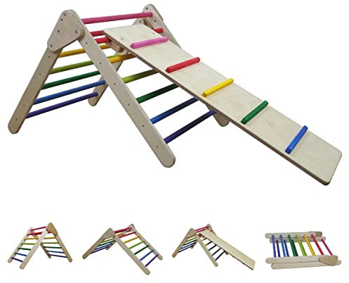 Triángulo de escalada con rampa deslizante (Color arcoíris barnizado, Con rampa)