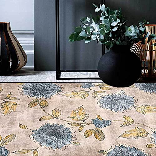 Tappeto a Pelo Corto per Il Soggiorno Foglie di fiori di crisantemo giallo blu astratto americano retrò,Bordato, morbido, lavabile,lavatrice-150 * 200cm （4.9ft x 6.5ft)）