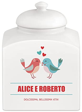 Maverton Barattolo per dolci in ceramica, stampa personalizzata | Barattolo per caramelle 3 L, protezione ermetica porta biscotti, pensiero per la coppia, passerotti