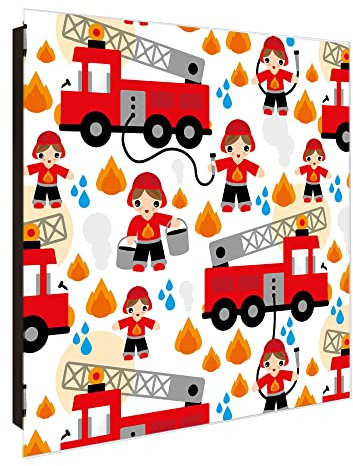 banjado Großer Schlüsselkasten Glas - Schlüsselbox 30x30cm mit 50 Haken - Schlüsselkasten modern für Schlüsselaufbewahrung mit beschreibbarer, magnetischer Glastür - Motiv Feuerwehr