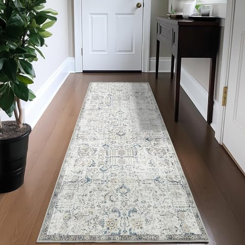 TOPICK Läufer 60x210cm Blau Teppiche Vintage Teppichläufer Flur Retro Faltbar Dünner Waschbar Teppich Multi Floral Boho rutschfeste für Innenbereich Badezimmer Küche Schlafzimmer Wohnzimmer
