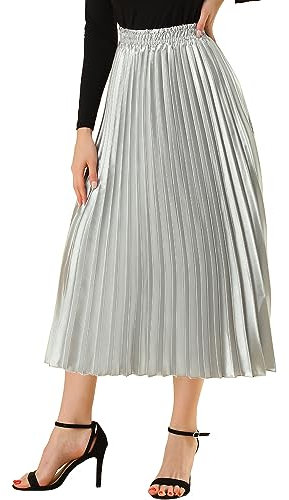 Allegra K Costume de Noël pour femme, taille élastique, jupe plissée en accordéon métallique brillant, argenté, XXXL