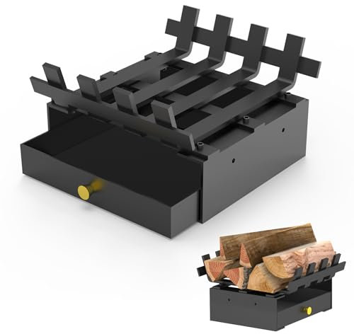 Pearwow Fireplace Grate with Ash Tray Kit,10 Inch Wide Heavy Duty Solid Steel Bar Fire Grates and Fireplace Ash Pan,Wrought Iron Fireplace Log Grate Fireplace Ash Tray Kit for Indoor Outdoor Firewood