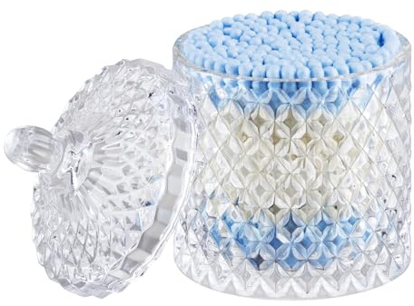 ALAMHI Q tip and Cotton Ball Holder Glass Apothecary Jar with lid, Small Bathroom Vanity Organizer and Storage Qtip Jar for Aesthetic Room Decor