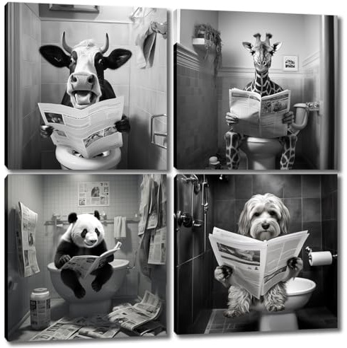 Black and White Canvas Wall Art - 4 Panels Framed Lovely Animals Reading Newspaper in the Bathroom Canvas Painting Cute Cow Deer Panda and Dog Pictures Wall Decoration for Restroom WC 12x12 inches