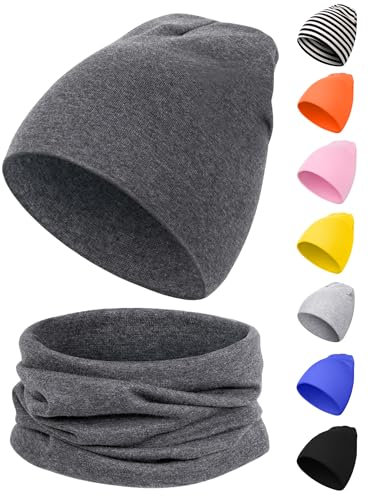 Kiiwah Kinder Beanie Mütze und Loop Schal Set, Weiche Baumwolle Warme Strickmützen und Schals für Baby Herbst Winter Frühling(Dunkelgrau)