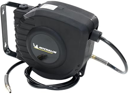 MICHELIN Dévidoir Automatique, Tube en PVC de 9 Mètres équipé d’un raccord universel, diamètre extérieur 12mm et diamètre intérieur 8mm, Support mural Pivotant à 180 aus, 2 Vis de Montage Incluses