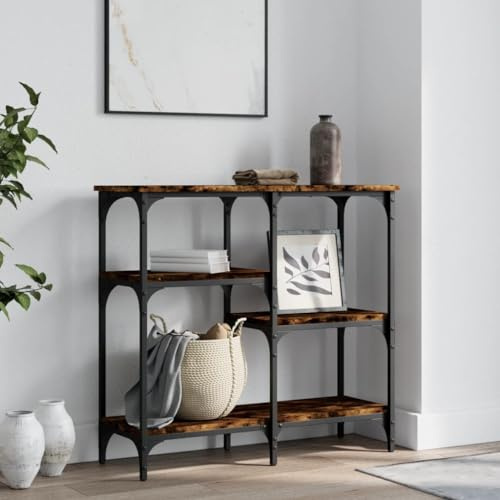 FENLAX Konsolentisch mit Ablagen 80x29x75 cm Eingangstisch mit Ablageflächen Wohnzimmermöbel Eingangsbereich Konsolentisch schmal Flurtisch mit Ablagen Holzwerkstoff&Metall Räuchereiche