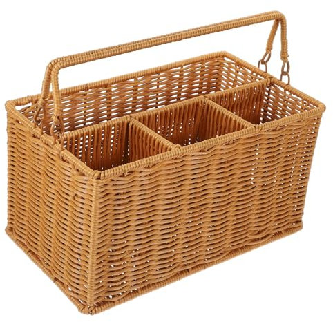 FUNOMOCYA Cutlery Case Hand Woven Imitation Rattan Basket Picnic Basket and Flatware Organizer Rustic Farmhouse Cutlery Holder Multi Purpose Kitchen Utensil Storage Basket with Handles