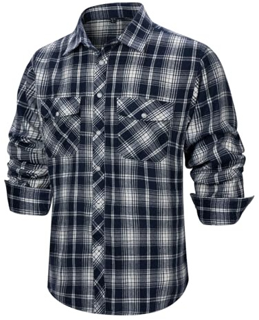 Wirltte Mens Shirts Long Sleeve Casual Flannel Checked Plaid Regular Fit Button Down Shirt with Pockets Navy XXL
