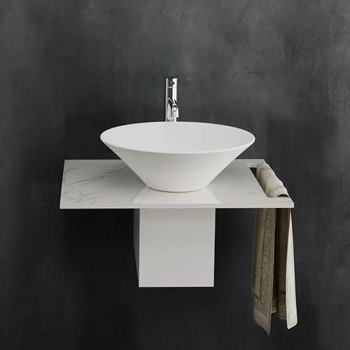 Alpenberger Rundes Waschbecken Klein | Aufsatzwaschbecken Rund | Waschschüssel auf Keramikplatte mit Edelstahlkasten | Waschtisch mit Handtuchhalter für Badezimmer und Gäste WC (Set 1, 60 cm Breit)