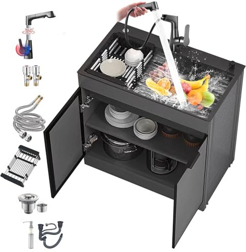 Meuble d'évier de jardin extérieur avec robinet noir industriel pour buanderie, buanderie, cuisine, restaurant, système d'évier d'extérieur multifonction