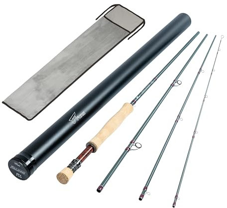 8Fans Fliegenfischrute mit Rohr, 4 Abschnitte, schnelle Aktion, Fliegenrute mit Pacbay Titanbeschichteten Schlangenführungen, AAAA Griff aus reinem Kork, 4–8 W