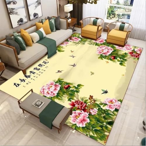 DJHWWD Auslegeware küchenteppich waschbar rutschfest Rechteckiger Schlafzimmerteppich im chinesischen Stil für Restaurants mit rutschfestem Teppich Vorraum Zimmers Teppichboden 130X180CM