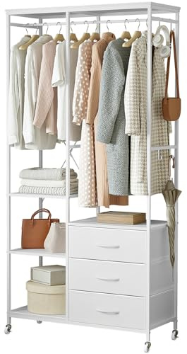 Mintnook Clothes Rail for Bedroom, Heavy Duty Clothing Rack, Movable Clothes Rail with Drawers, Open Wardrobe for Hanging Clothes, Hanging Rod, Adjustable Shelves, Hooks, White