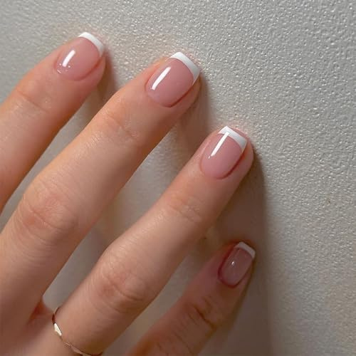 24PCS French Tip False Nails - Short Square Press On Nails - Nude French Fake Nails White Tip - Removable Glue-On Nails Full Cover Stick On Nails with Glue for Women Girls