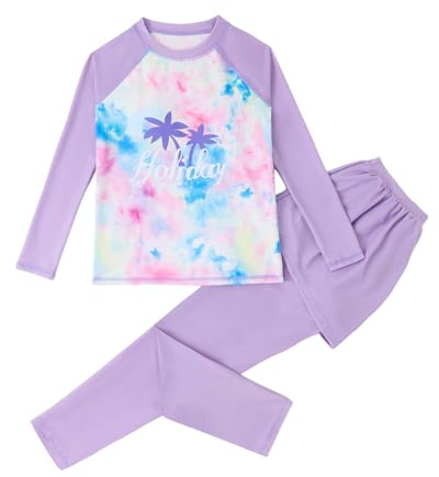 2025 Traje de baño niña bikini traje de baño de dos piezas para niños niñas manga larga camiseta rashguard + bañador bañador deportivo infantil, morado, 9-10 años