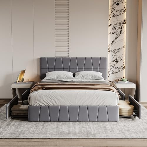 BRILVERDE Polsterbett 180x200 cm Doppelbett mit Verstellbares Kopfteil, Stauraumbett mit 4 Schubladen, Jugendbett mit Lattenrost, Stauraum Bettrahmen für Erwachsene, Samt (Grau, 180 x 200 cm)