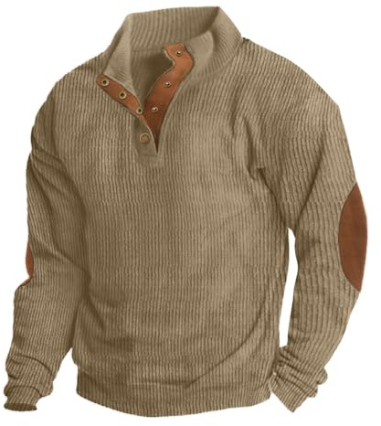 Hisir Herr manchestertröjor Henley hals snäppknappar stående krage långärmad vinter sweatshirt toppar, Mörk kaki, L