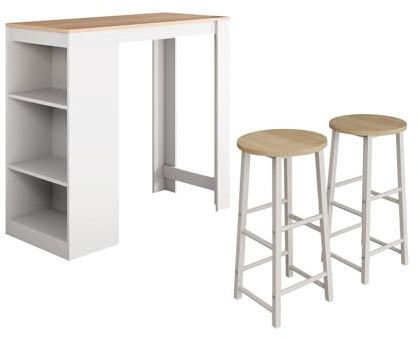 MB Muebles Bonitos | Mesa Alta Bar con 2 Taburetes Kyra | Barra Cocina de Estilo Moderno con 3 Estantes | Melamina Mate | Color Blanco y Sonoma | 110x103x50 cm