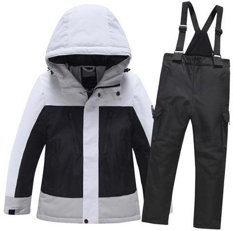 Amur Leopard Conjunto de Traje de Esquí para Niños Niñas 2Piezas Chaqueta + Pantalones Traje de Nieve Grueso Cálido Impermeable Transpirable, Negro + Negro, 140/8-9 Años
