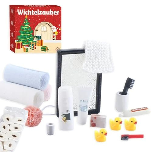 Wichtel Zubehör Bad – 1:12 Miniatur Weihnachtszubehör & Puppenhaus – Wasch- & Badeset mit Gesichtspflege-Handtuch, Klopapierrolle, 6-TLG. Waschzubehör und 3 Mini-Enten (Bath)
