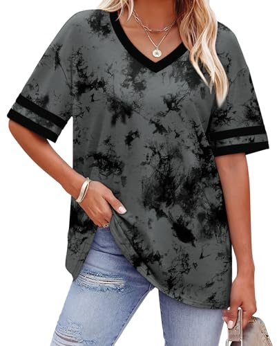 WIHOLL Tie Dye Shirt Womens Summer Tops Dressy Casual T Shirts for Women Workout Tops Plus Size Fashion Clothing Oversized Tshirts Short Sleeve Cute Beach Vacation Clothes Business Black XL