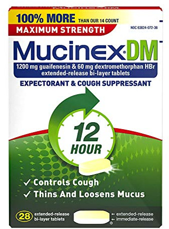 Mucinex DM Maximum Strength 12-Hour Expectorant and Cough Suppressant Tablets, 28 Count