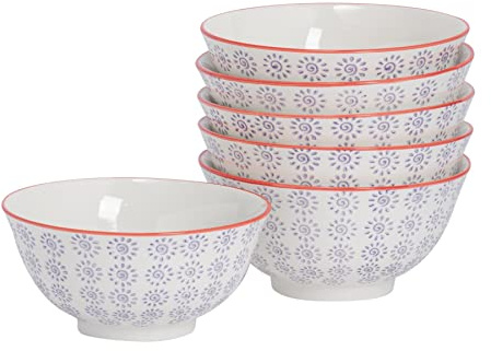 Nicola Spring Patterned Cereal Bowl - Purple - 16cm - Pack of 6 | Hand Printed Japanese Style Stoneware Serving Bowls for Dessert, Pasta, Cereal, Salad, Noodles, Soup