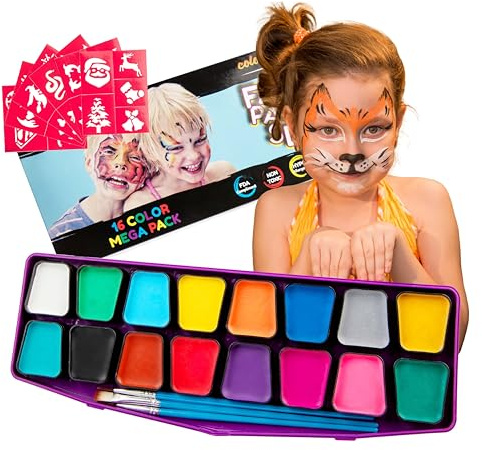 Colorful Art Co. Kids Face Paint Kit - Set of 16 Water-Based Professional Body and Face Paints w/ 3 Painting Brushes & 30 Stencils - Palette for Cosplay, Party and Halloween Makeup
