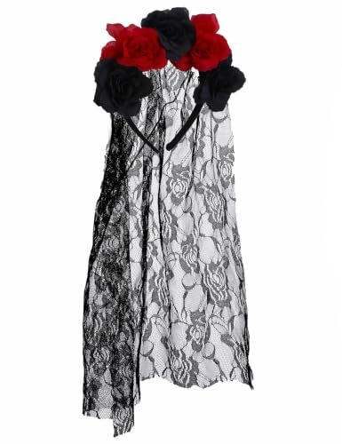 DEGUISE TOI - Serre-tête fleurs avec voile dentelle adulte - Serre-tête - Taille Unique - Noir - Accessoires pour déguisement - Plastique et Polyester - - Halloween-carnaval