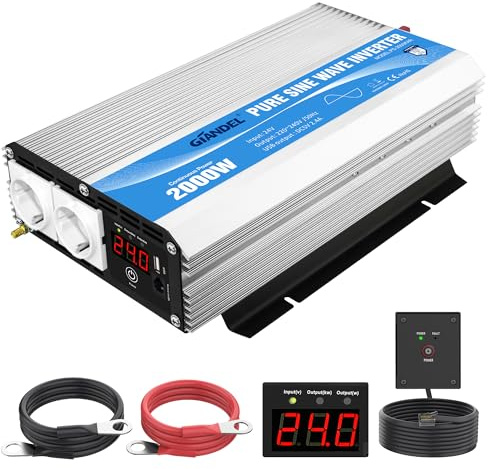 GIANDEL Inverter 24 V to 230 V Pure Sine Wave 2000 W Voltage Converter for Motorhome, Truck Converter Inverter with LED Display, Remote Control, Two EU Sockets & 2.4 A USB