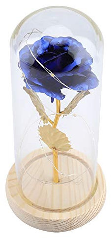 Rose Verre de Lumière Rose Eternelle avec Dôme en Verre Fleur Artificielle avec Lumière LED Base en Bois Rose Eternelle sous Cloche Belle Décoration pour Fête des Mères Mariage Saint Valentin(Bleu)