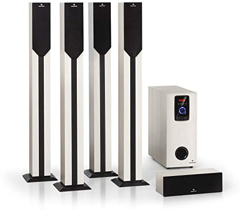 auna Areal Elegance 5.1 Soundsystem - Lautsprechersystem 5.1 Heimkinosystem mit 190 Watt RMS, Heimkino mit 5 Subwoofer, 5 x Satelliten-Lautsprecher (3+5), Bluetooth, USB/SD, helle Holzoptik