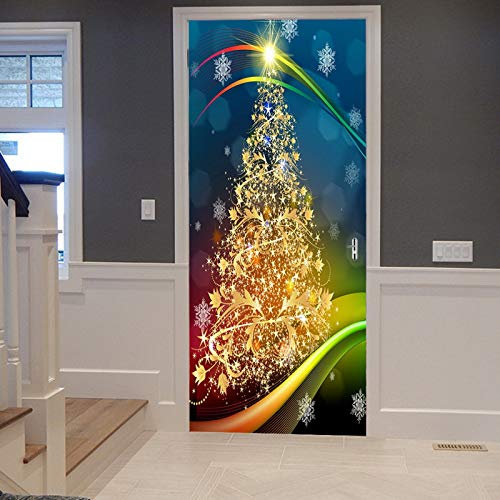 A.Monamour Türtapete Selbstklebend Türfolie Türposter 3D Glänzende Weihnachtsbaum Schneeflocke Weihnachts Dekoration Hintergründe Vinyl Folie Türdeko Tapete Wandbild Türaufkleber Türtattoo 77 x 200 cm