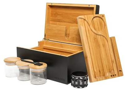 ARRAWIS Large Bamboo Stash Box with Strong Magnetic Lid - Smell Proof Decorative Storage Box for Herbs, Spices & Keepsakes - Includes Removable Wood Tray and Glass Storage Jars - Natural & Discreet